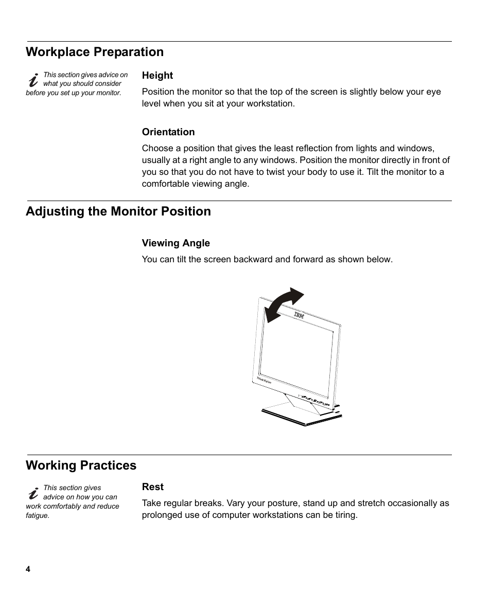 Workplace preparation, Adjusting the monitor position, Working practices | IBM L150 User Manual | Page 7 / 33