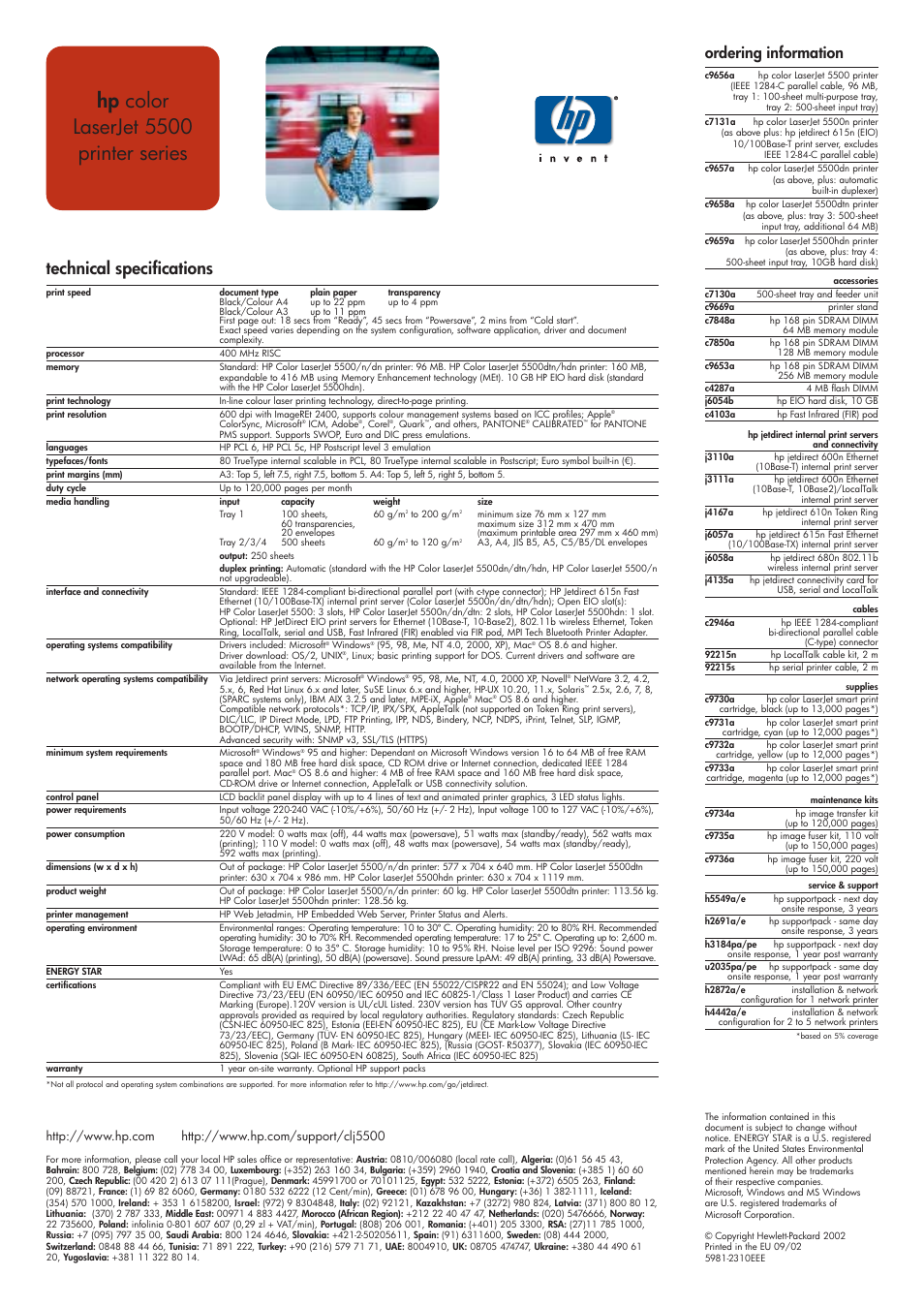 Hp color laserjet 5500 printer series, Technical specifications, Ordering information | IBM LaserJet 5500 User Manual | Page 2 / 2