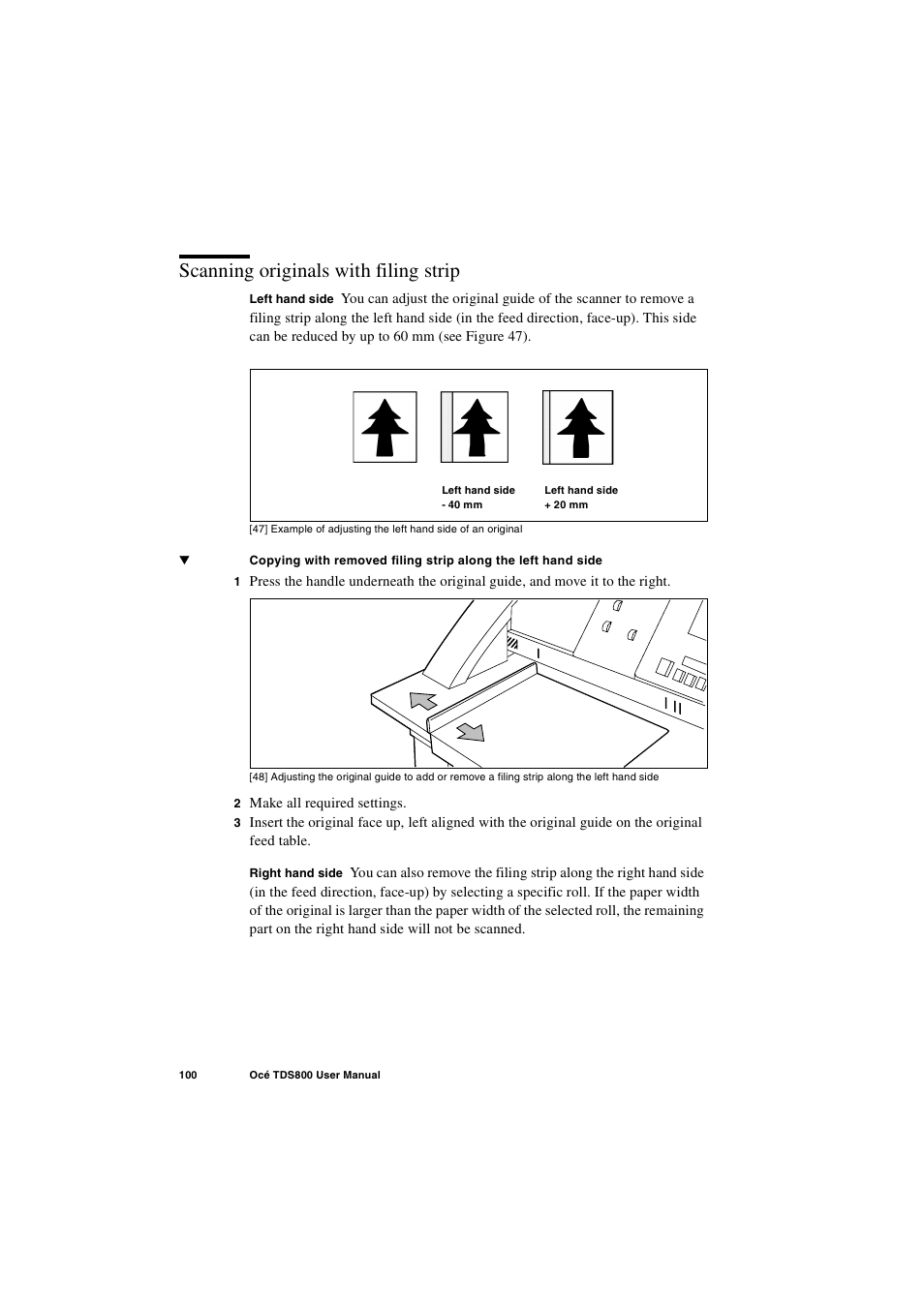 Scanning originals with filing strip, Scanning originals with filing strip 100 | IBM Oce TDS800 User Manual | Page 100 / 281