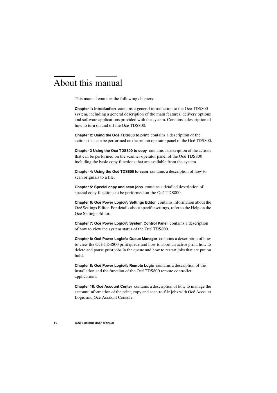 About this manual, About this manual 12 | IBM Oce TDS800 User Manual | Page 12 / 281