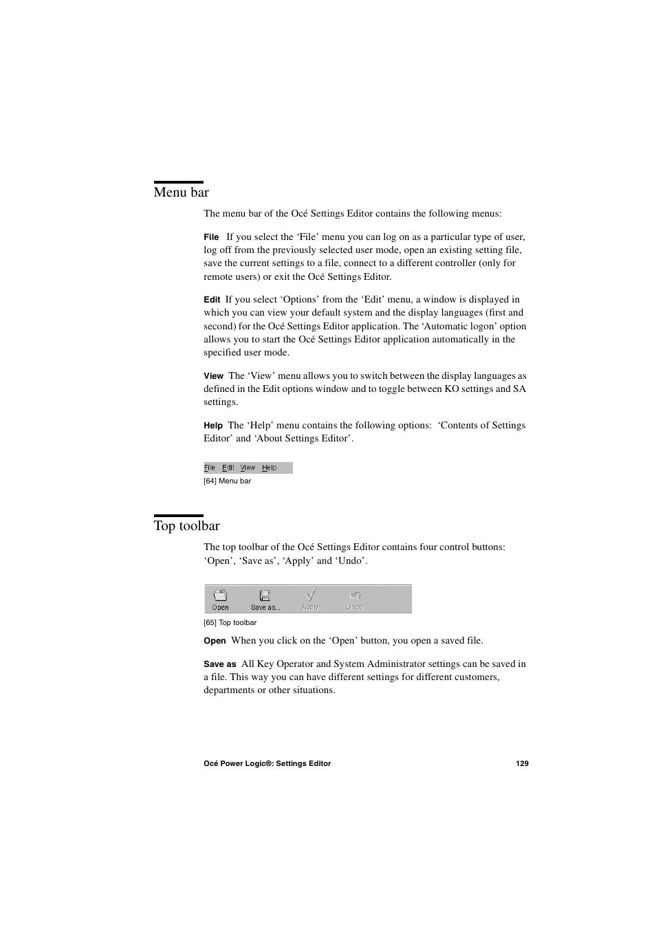 Menu bar, Top toolbar, Menu bar 129 top toolbar 129 | IBM Oce TDS800 User Manual | Page 129 / 281