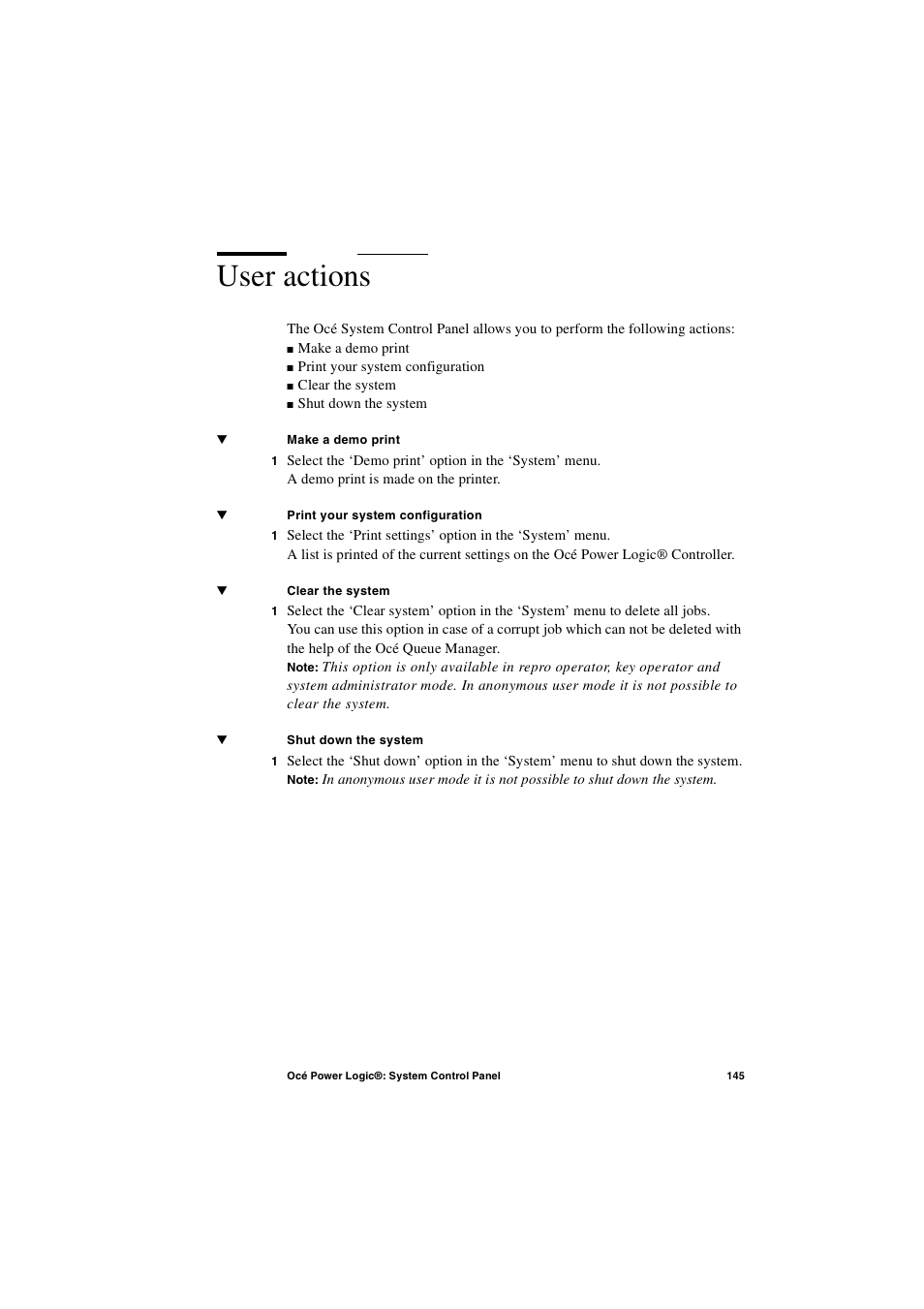 User actions, User actions 145 | IBM Oce TDS800 User Manual | Page 145 / 281