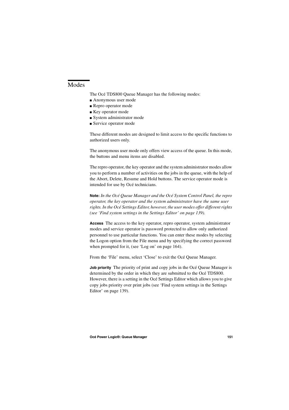 Modes, Modes 151 | IBM Oce TDS800 User Manual | Page 151 / 281