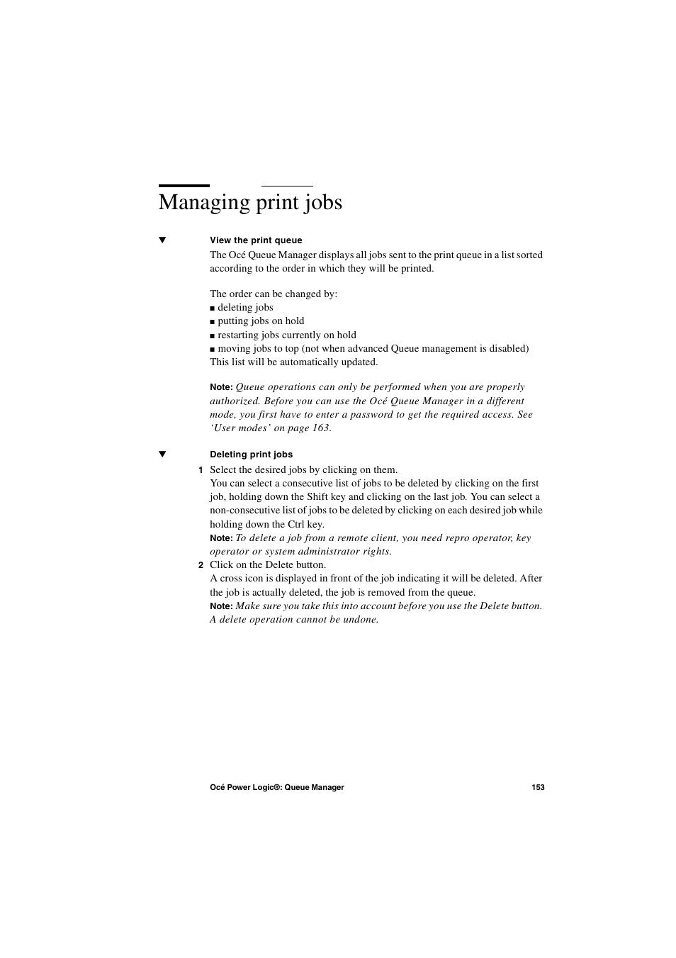 Managing print jobs, Managing print jobs 153 | IBM Oce TDS800 User Manual | Page 153 / 281