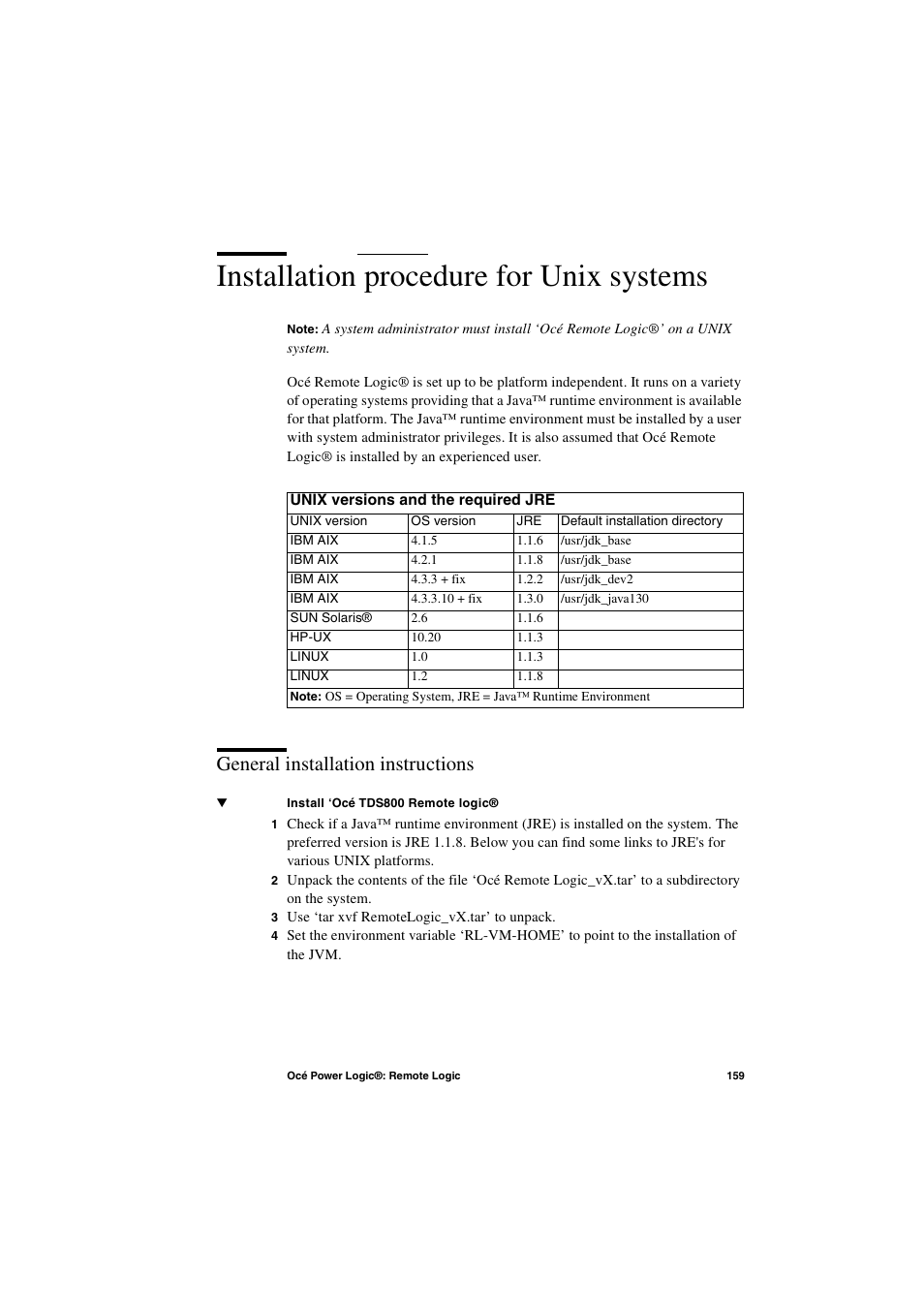 Installation procedure for unix systems, General installation instructions, Installation procedure for unix systems 159 | General installation instructions 159 | IBM Oce TDS800 User Manual | Page 159 / 281