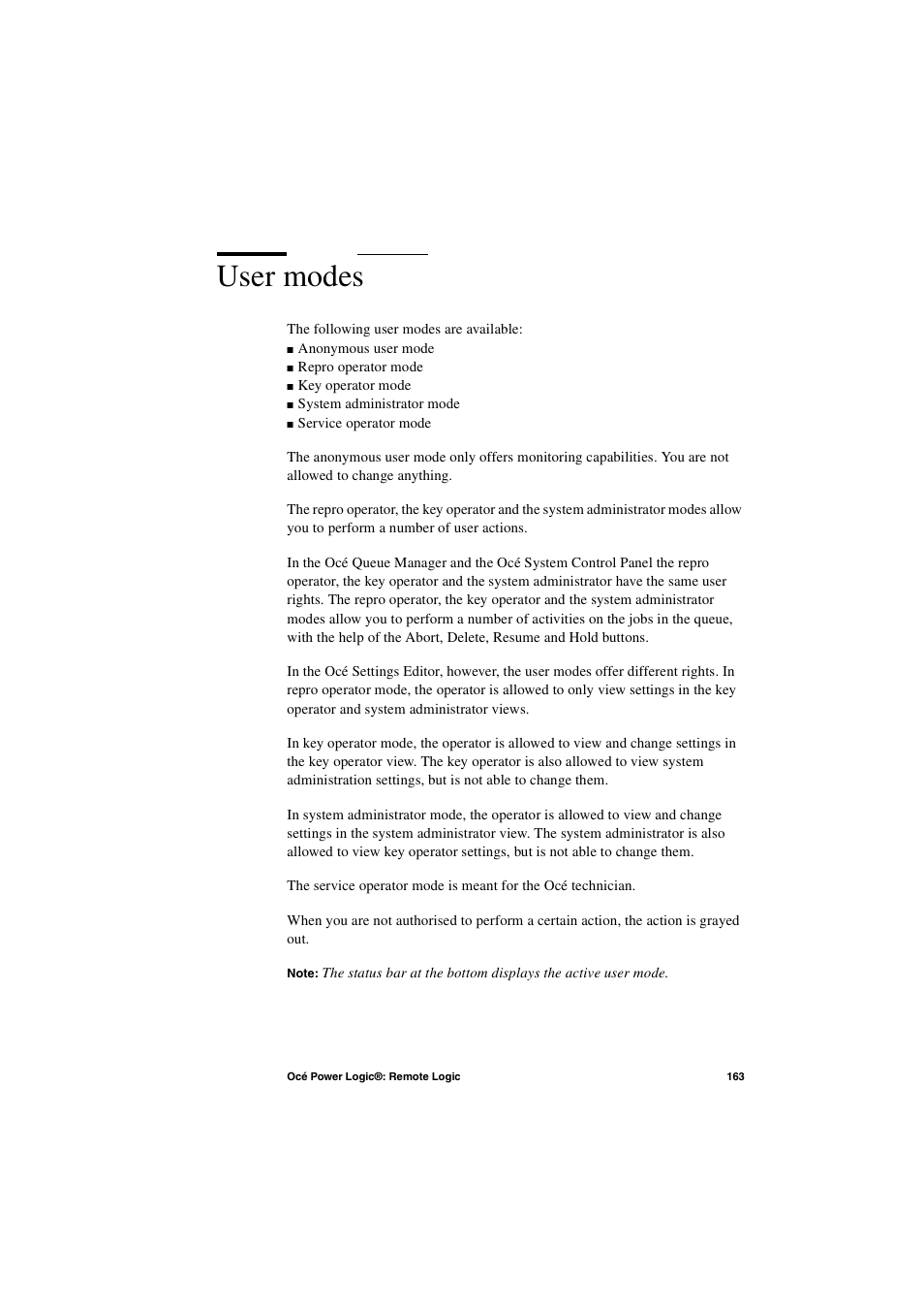 User modes, User modes 163 | IBM Oce TDS800 User Manual | Page 163 / 281