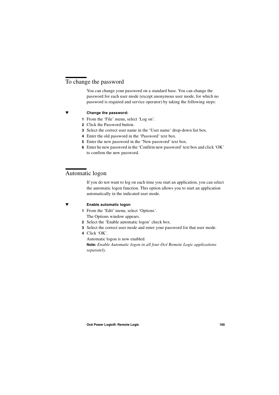 To change the password, Automatic logon, To change the password 165 automatic logon 165 | IBM Oce TDS800 User Manual | Page 165 / 281