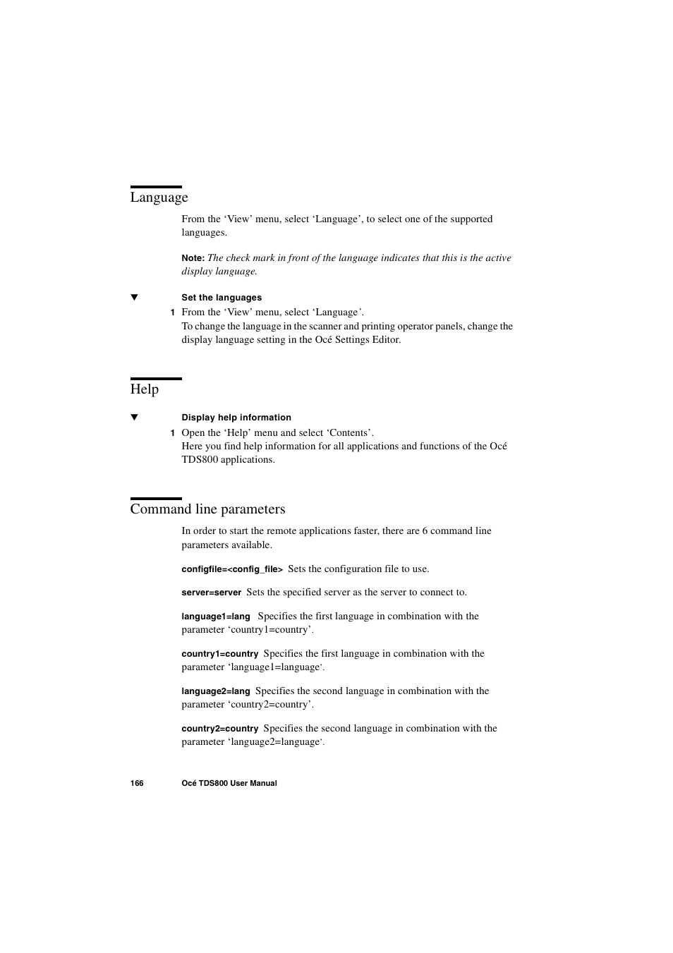 Language, Help, Command line parameters | Language 166 help 166 command line parameters 166 | IBM Oce TDS800 User Manual | Page 166 / 281