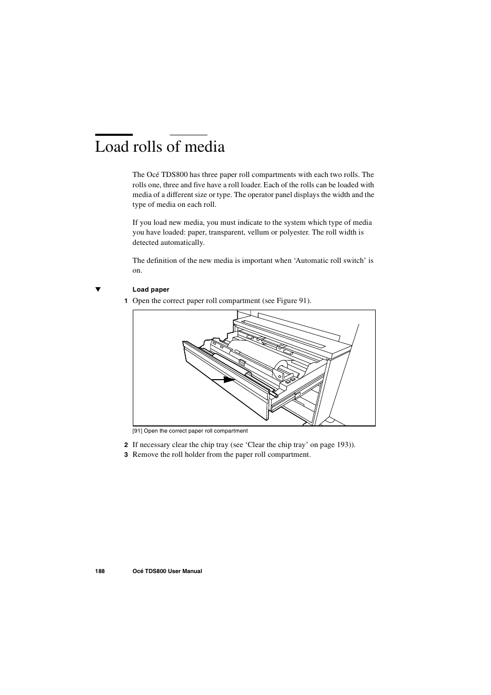 Load rolls of media, Load rolls of media 188 | IBM Oce TDS800 User Manual | Page 188 / 281