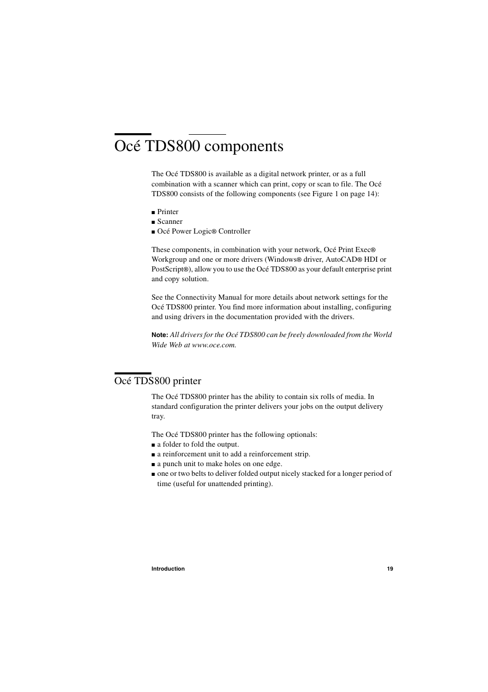 Océ tds800 components, Océ tds800 printer, Océ tds800 components 19 | Océ tds800 printer 19 | IBM Oce TDS800 User Manual | Page 19 / 281