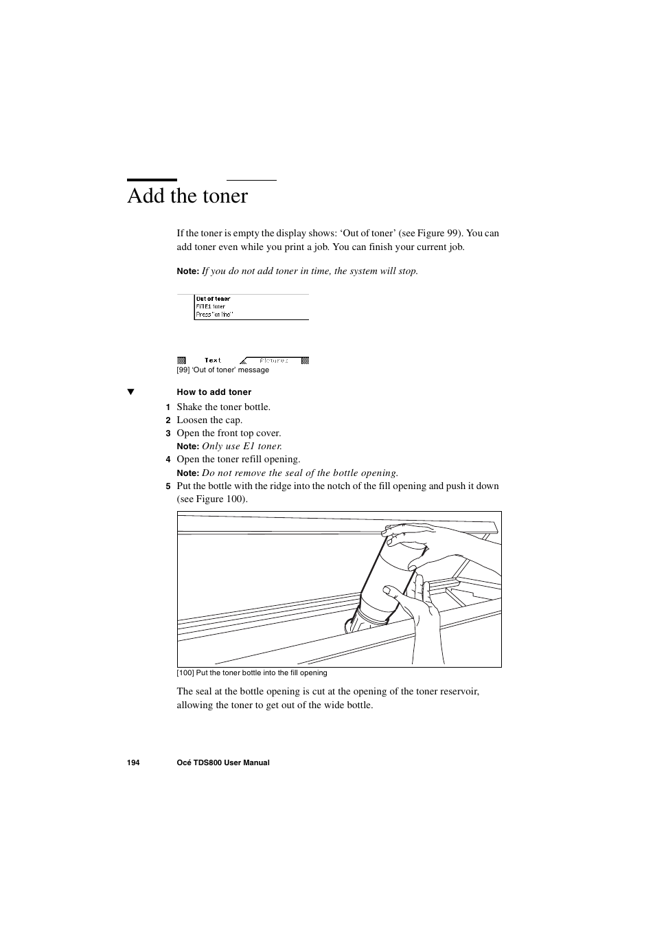 Add the toner | IBM Oce TDS800 User Manual | Page 194 / 281