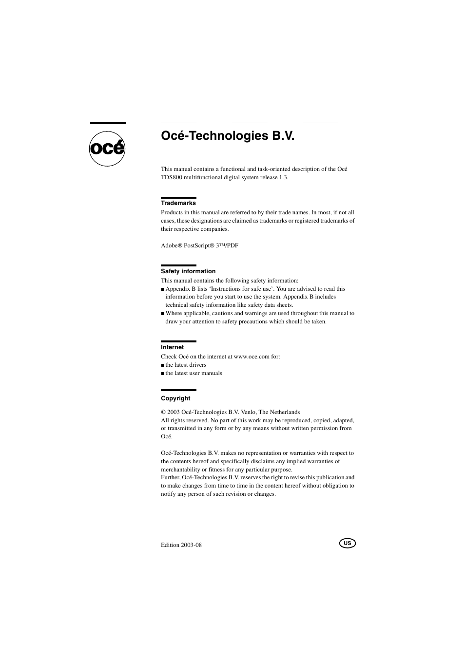 Océ-technologies b.v | IBM Oce TDS800 User Manual | Page 2 / 281