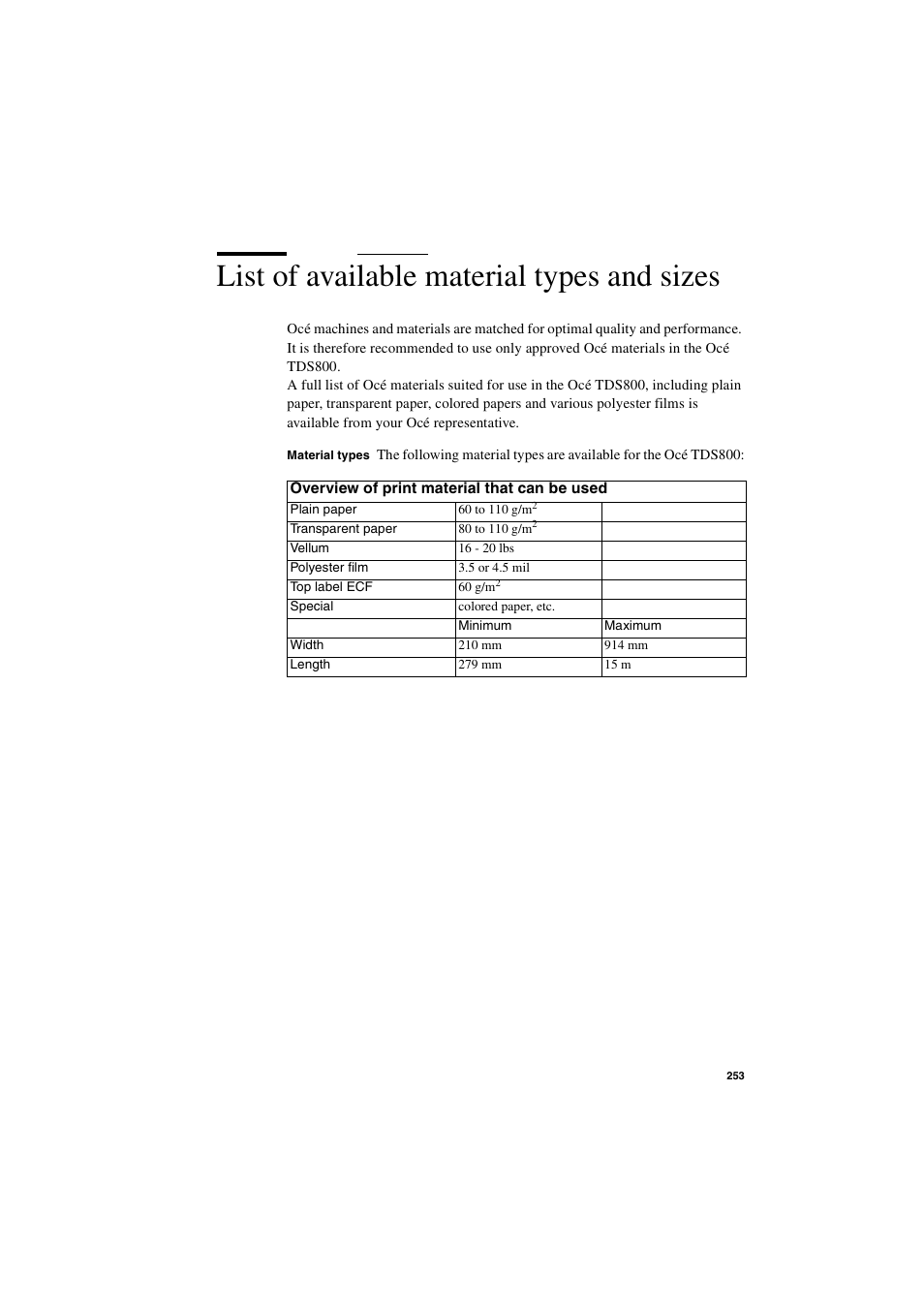 List of available material types and sizes, List of available material types and sizes 253 | IBM Oce TDS800 User Manual | Page 253 / 281