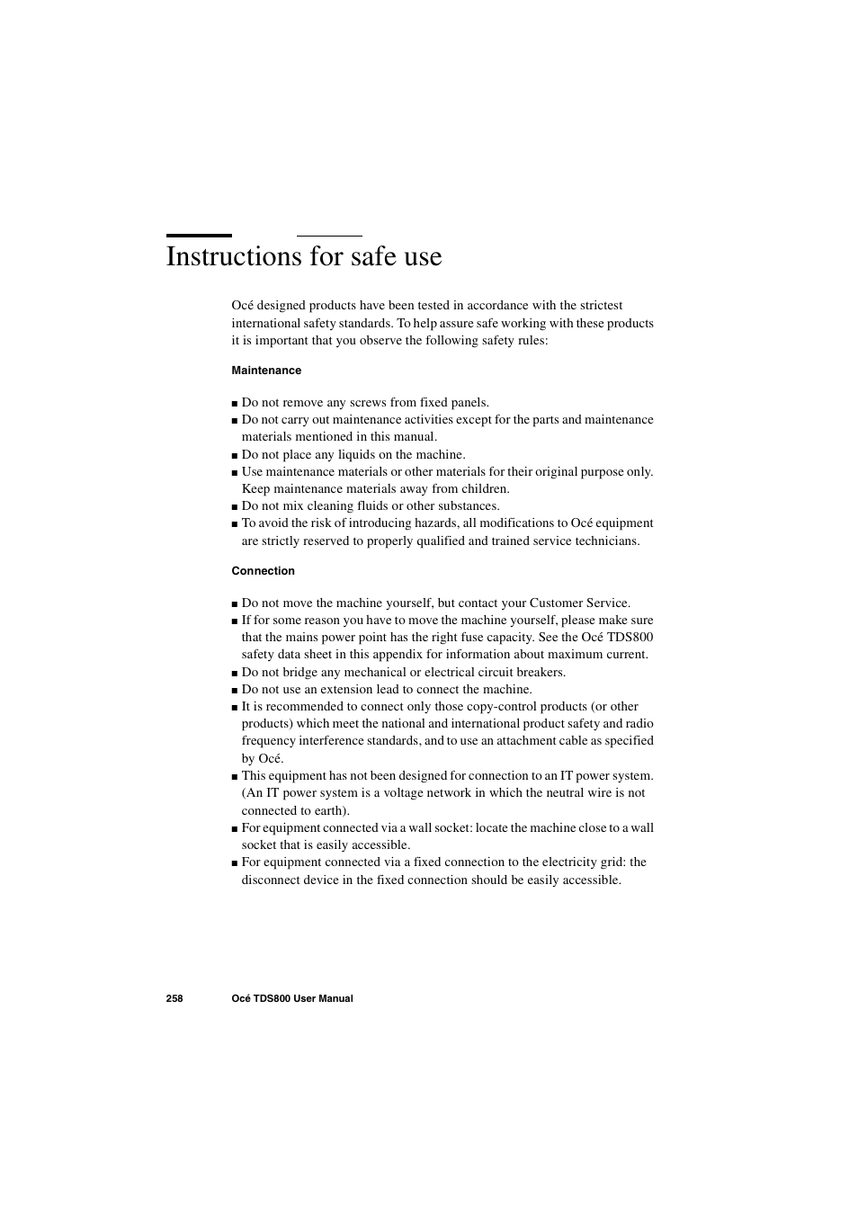 Instructions for safe use, Instructions for safe use 258 | IBM Oce TDS800 User Manual | Page 258 / 281