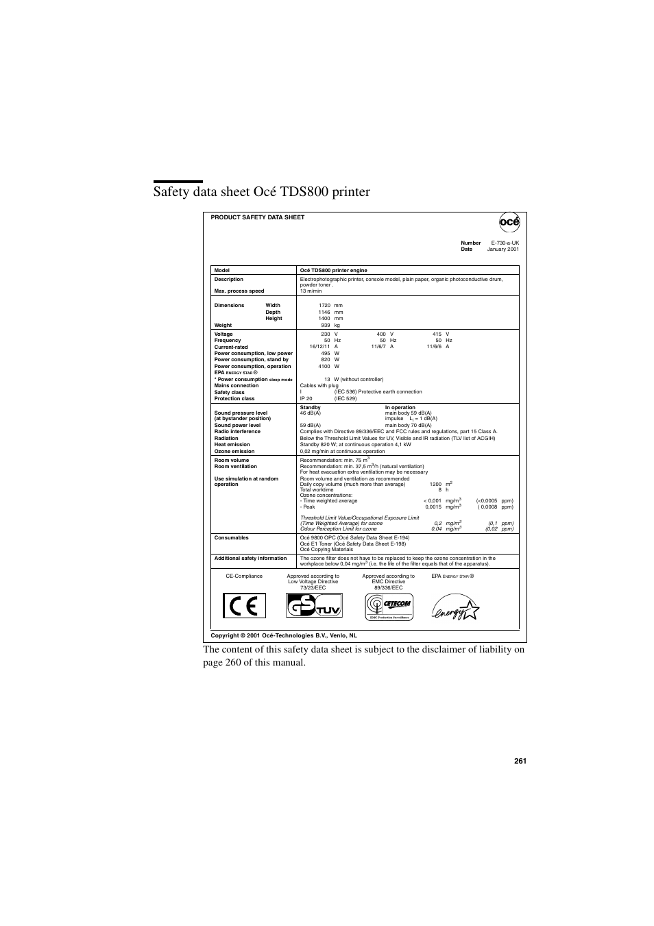 Safety data sheet océ tds800 printer, Safety data sheet océ tds800 printer 261 | IBM Oce TDS800 User Manual | Page 261 / 281