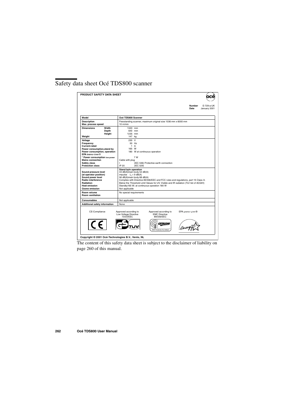 Safety data sheet océ tds800 scanner, Safety data sheet océ tds800 scanner 262 | IBM Oce TDS800 User Manual | Page 262 / 281