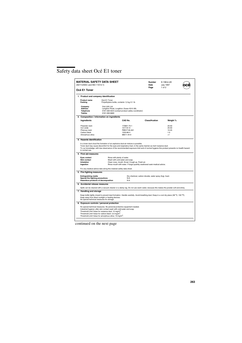 Safety data sheet océ e1 toner, Safety data sheet océ e1 toner 263, Continued on the next page | IBM Oce TDS800 User Manual | Page 263 / 281