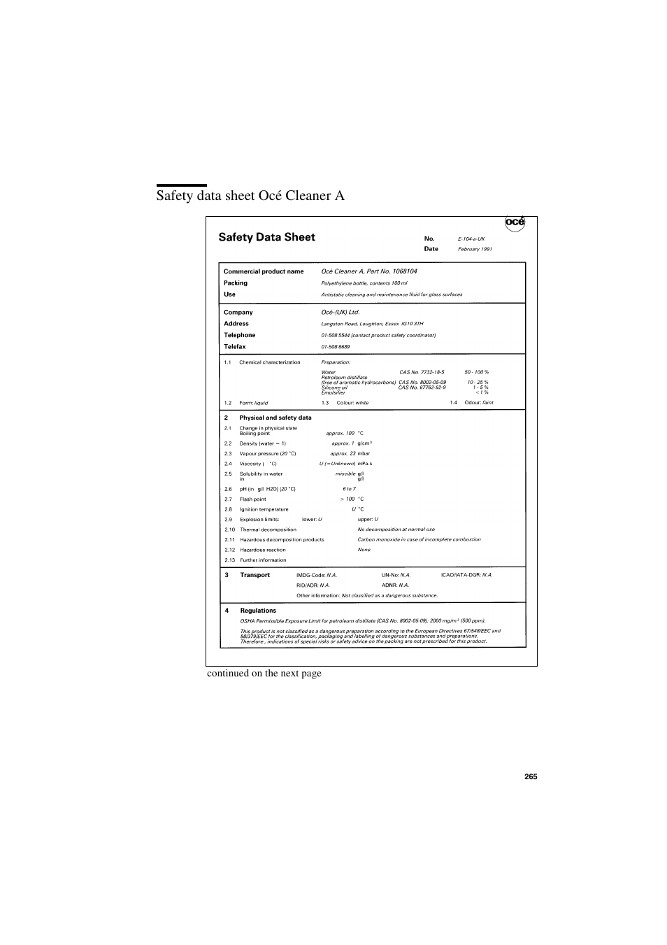 Safety data sheet océ cleaner a, Safety data sheet océ cleaner a 265 | IBM Oce TDS800 User Manual | Page 265 / 281