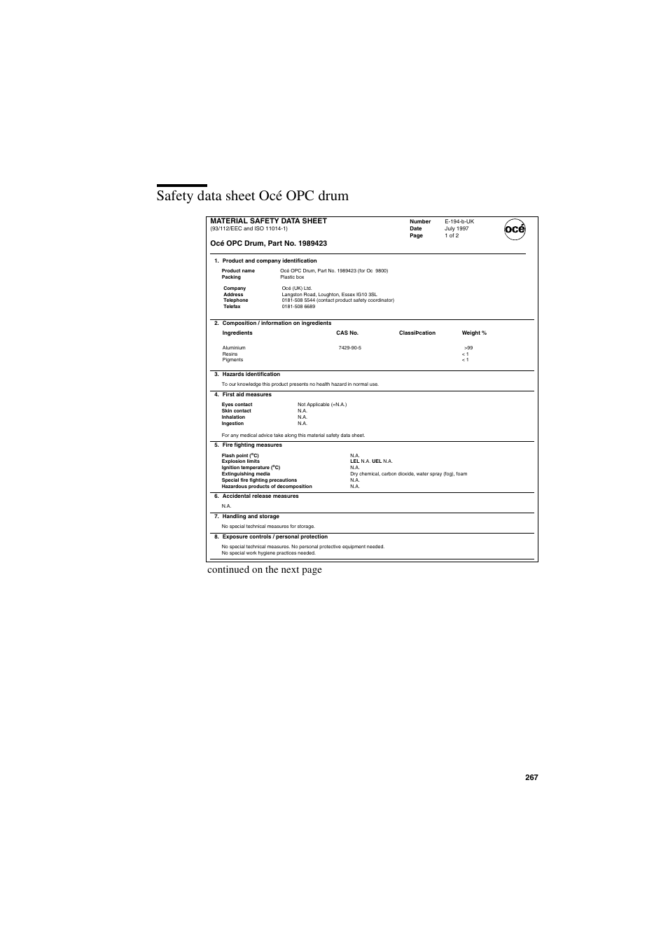 Safety data sheet océ opc drum, Safety data sheet océ opc drum 267, Continued on the next page | IBM Oce TDS800 User Manual | Page 267 / 281