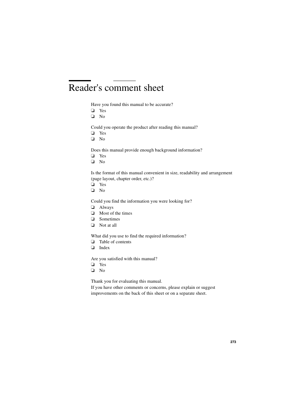 Reader's comment sheet, Reader's comment sheet 273 | IBM Oce TDS800 User Manual | Page 273 / 281