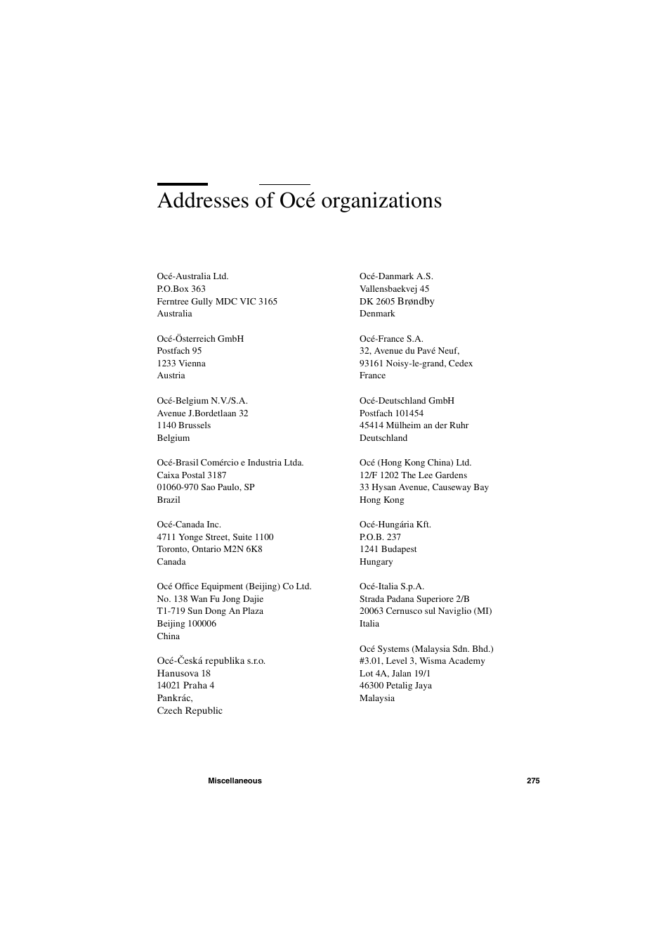 Addresses of océ organizations, Addresses of océ organizations 275 | IBM Oce TDS800 User Manual | Page 275 / 281