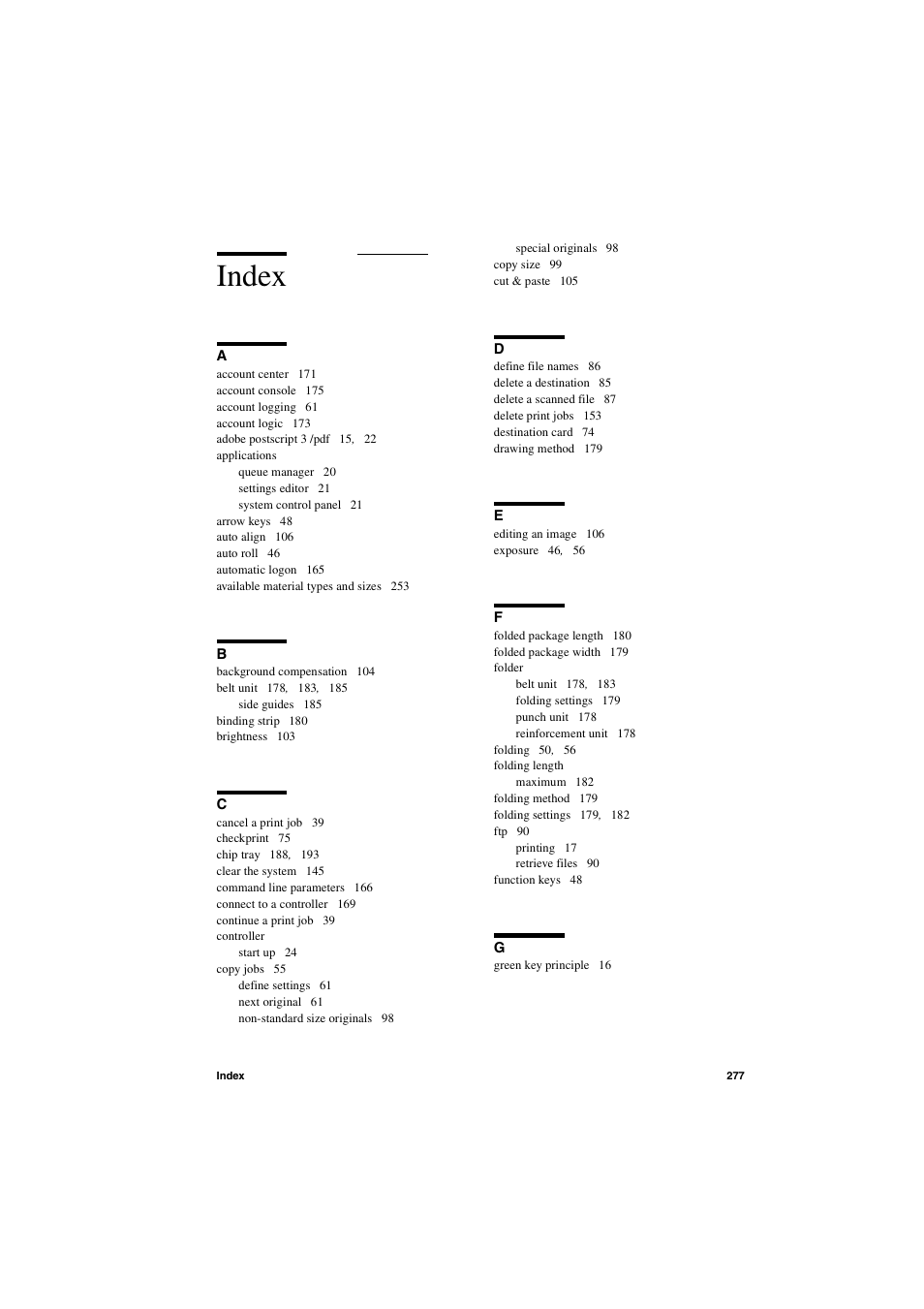 Index, Index 277 | IBM Oce TDS800 User Manual | Page 277 / 281