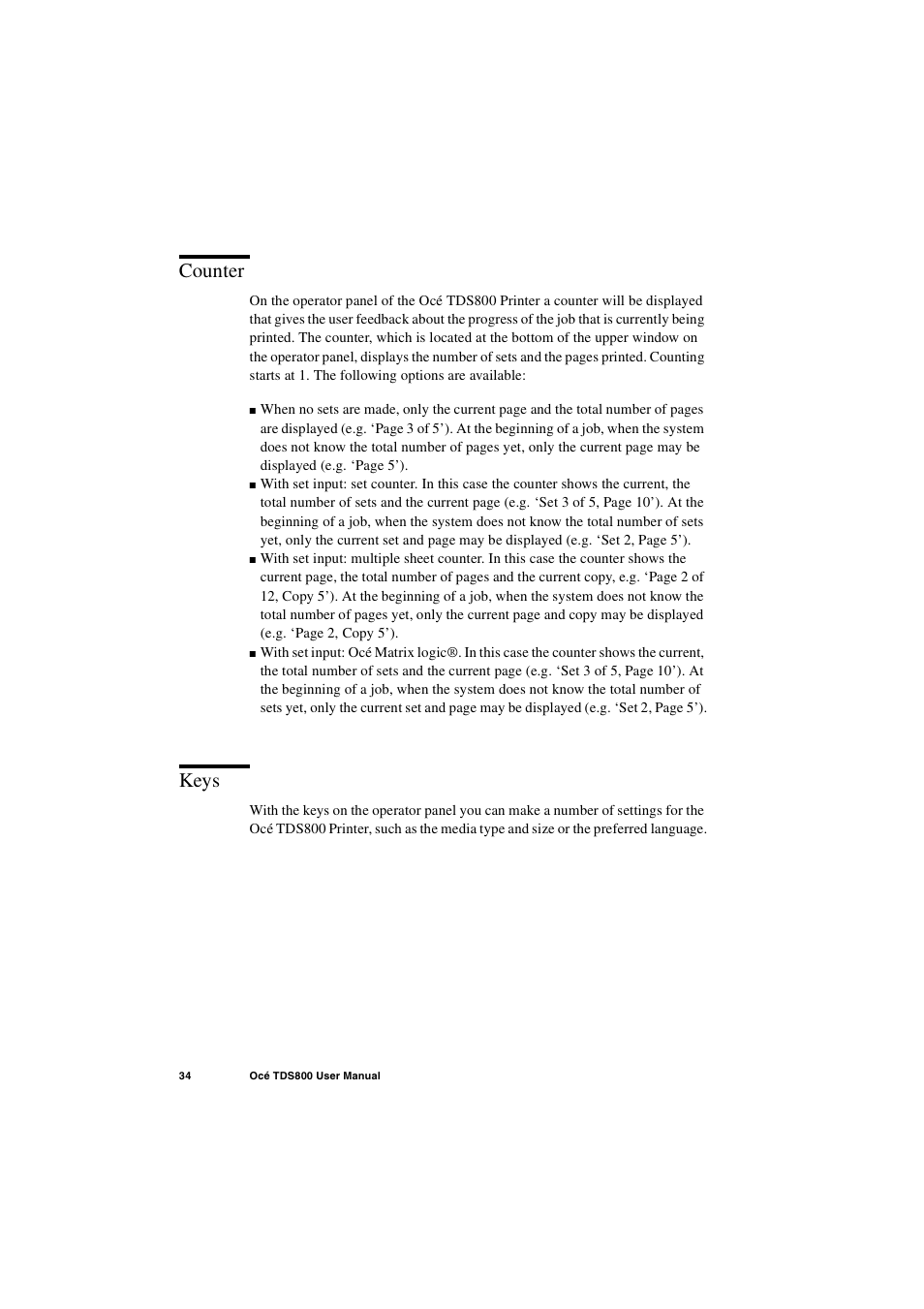 Counter, Keys, Counter 34 keys 34 | IBM Oce TDS800 User Manual | Page 34 / 281