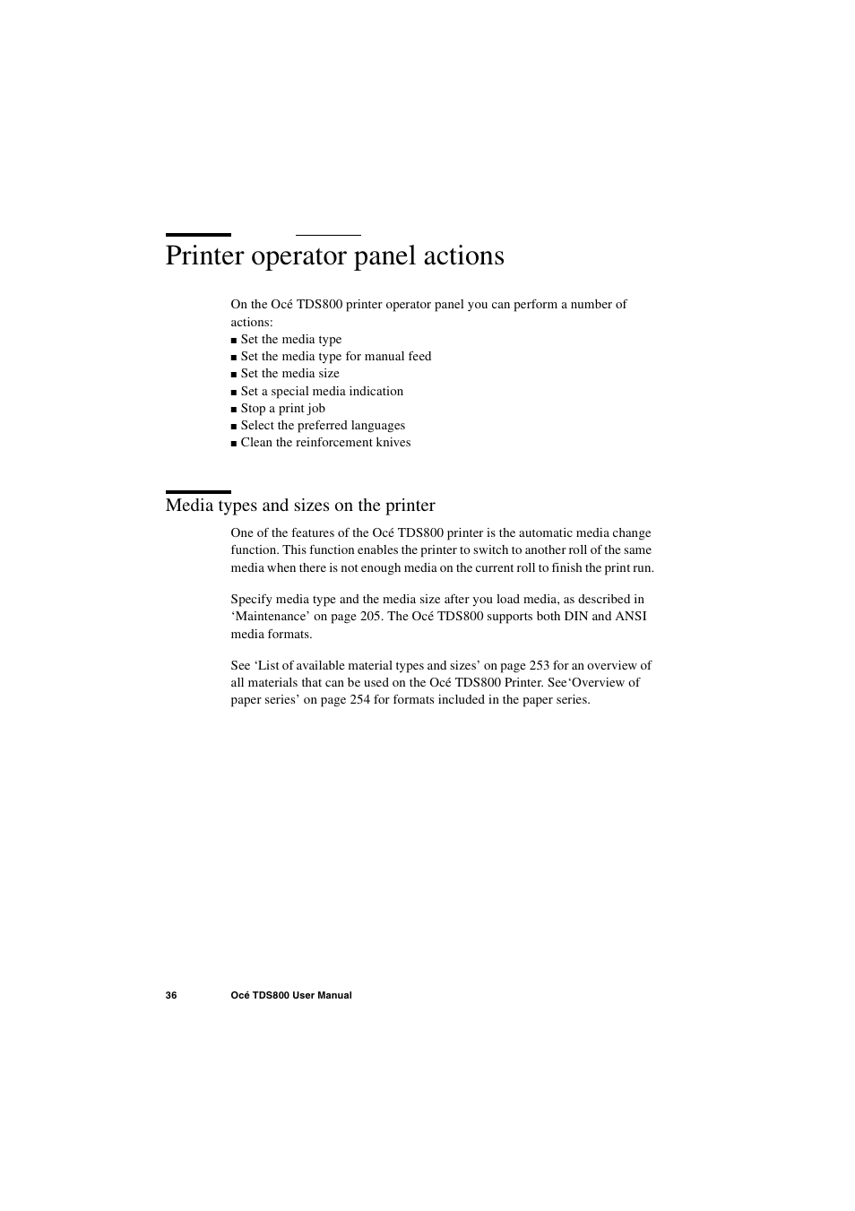 Printer operator panel actions, Media types and sizes on the printer, Printer operator panel actions 36 | Media types and sizes on the printer 36 | IBM Oce TDS800 User Manual | Page 36 / 281