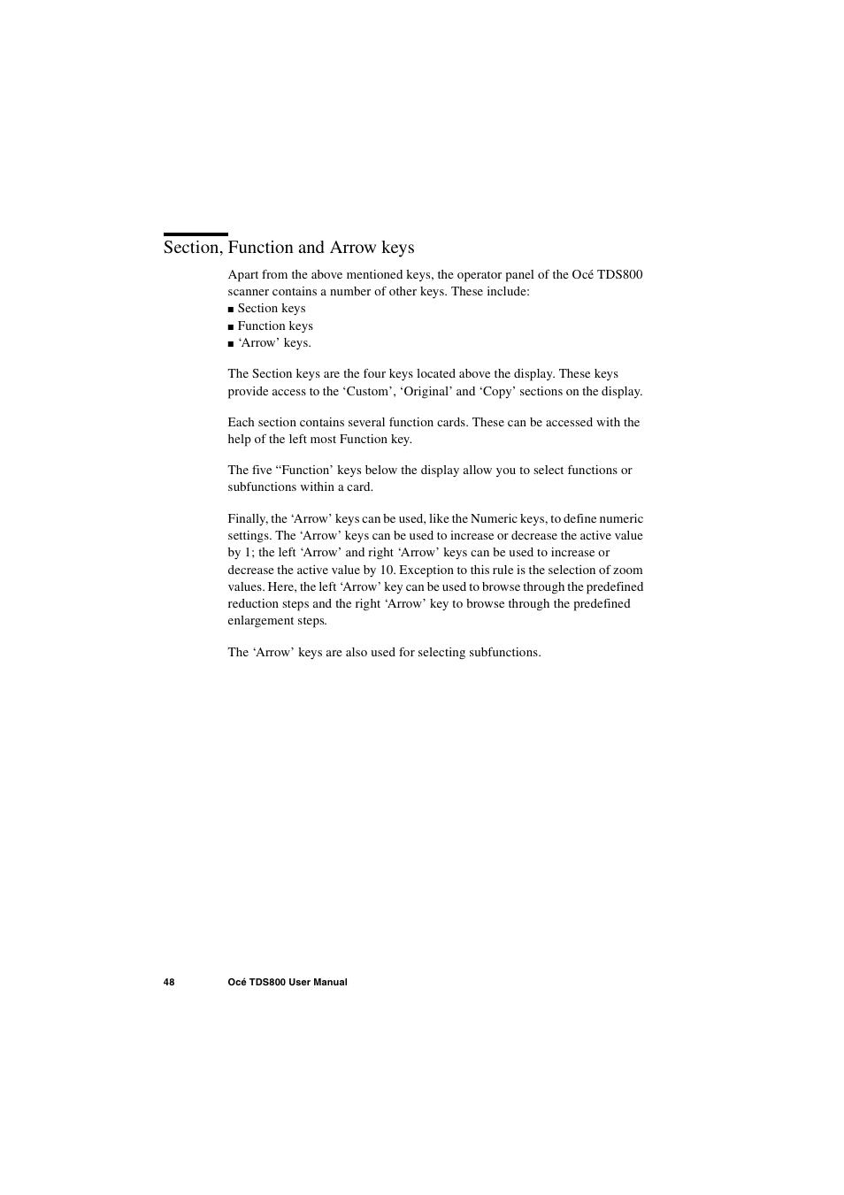 Section, function and arrow keys, Section, function and arrow keys 48 | IBM Oce TDS800 User Manual | Page 48 / 281