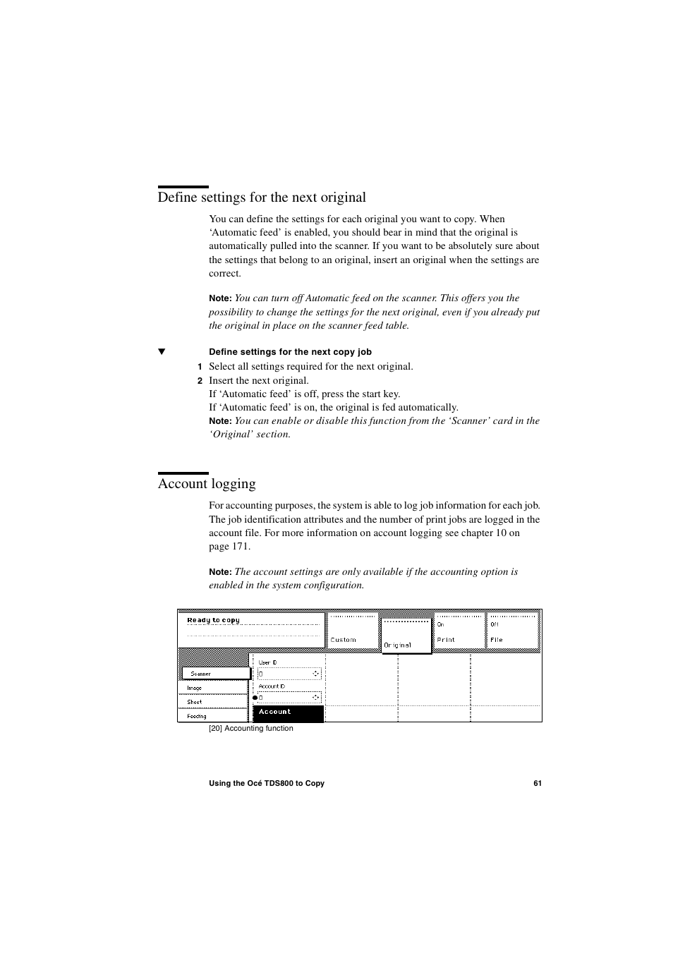 Define settings for the next original, Account logging | IBM Oce TDS800 User Manual | Page 61 / 281