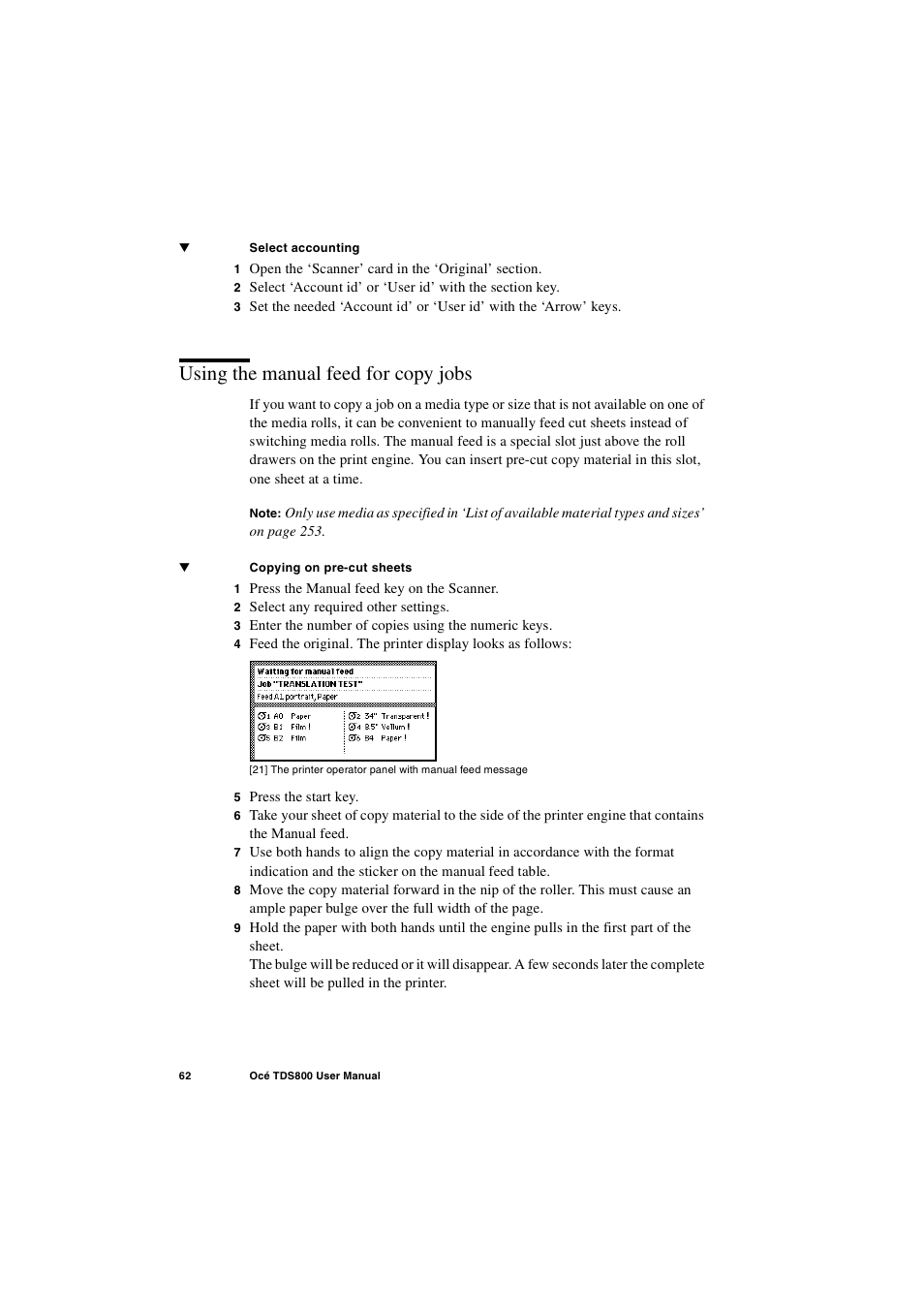 Using the manual feed for copy jobs, Using the manual feed for copy jobs 62 | IBM Oce TDS800 User Manual | Page 62 / 281