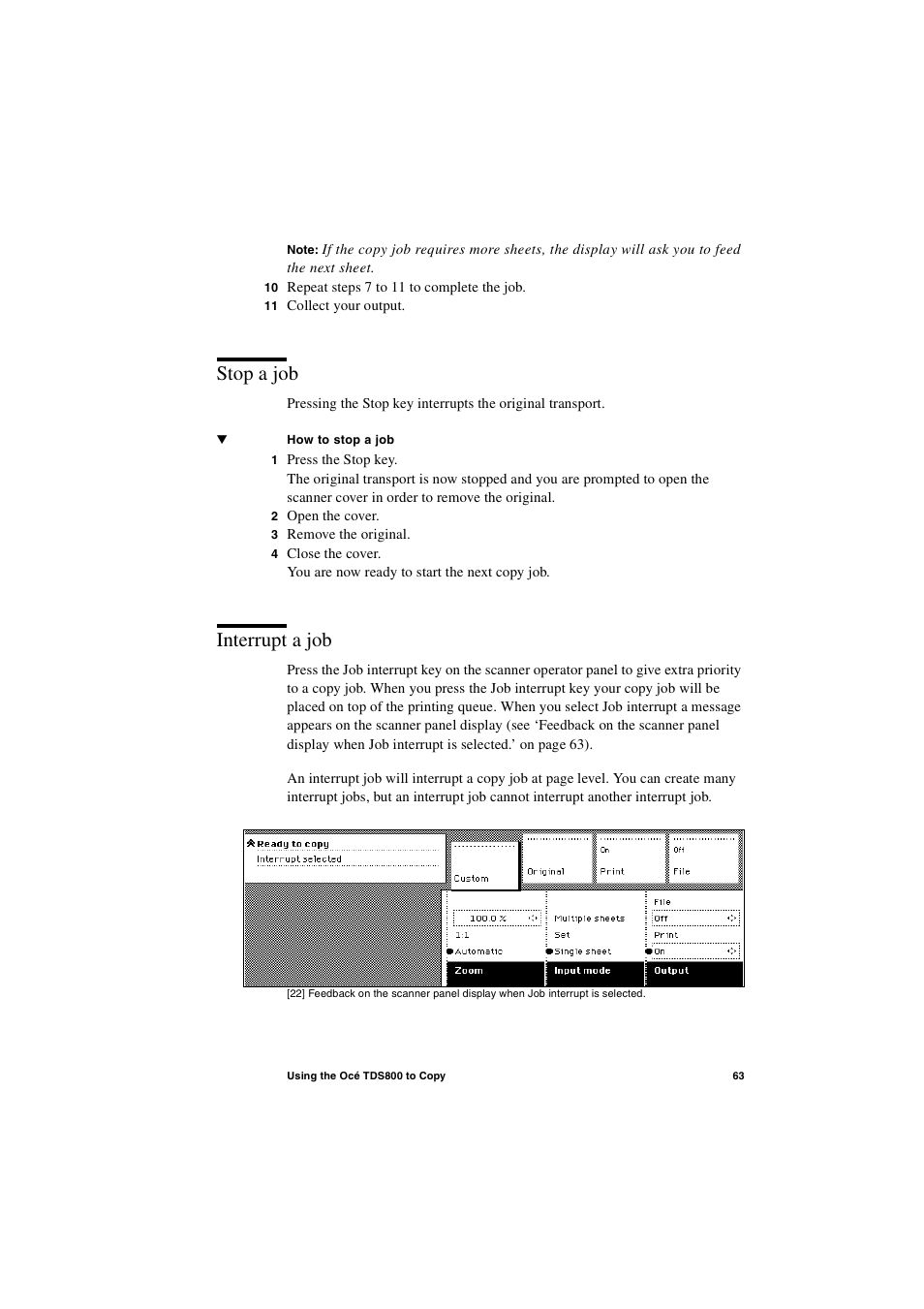 Stop a job, Interrupt a job, Stop a job 63 interrupt a job 63 | IBM Oce TDS800 User Manual | Page 63 / 281