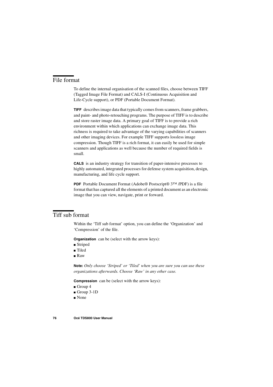 File format, Tiff sub format, File format 76 tiff sub format 76 | IBM Oce TDS800 User Manual | Page 76 / 281