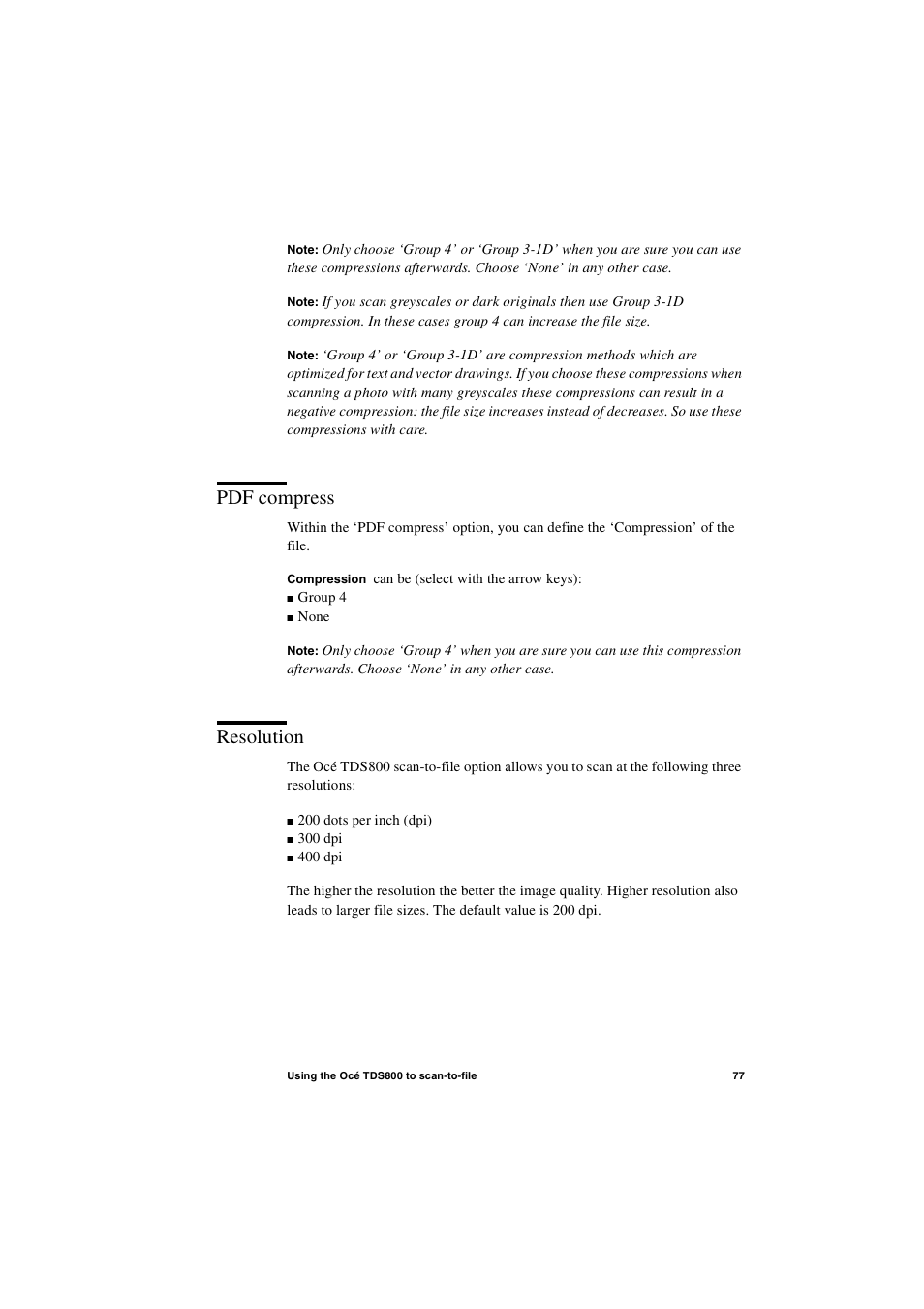 Pdf compress, Resolution, Pdf compress 77 resolution 77 | IBM Oce TDS800 User Manual | Page 77 / 281