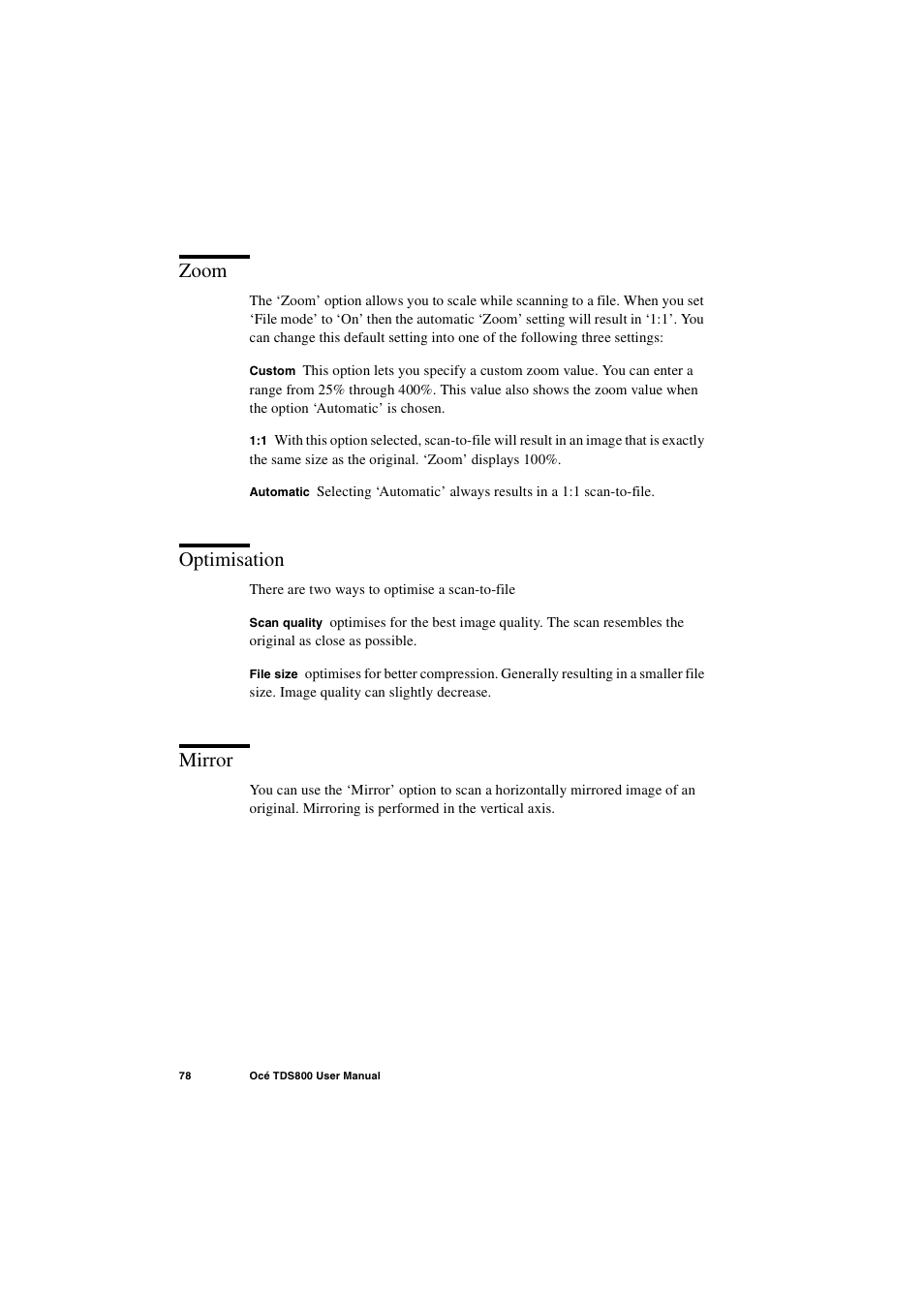 Zoom, Optimisation, Mirror | Optimisation 78 mirror 78 | IBM Oce TDS800 User Manual | Page 78 / 281