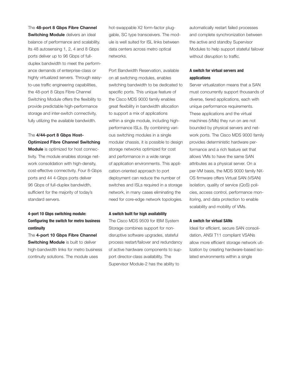 Port 10 gbps switching module:configur, A switch built for high availability, A switch for virtual servers andapplicat | A switch for virtual sans | IBM MDS 9509 User Manual | Page 3 / 8