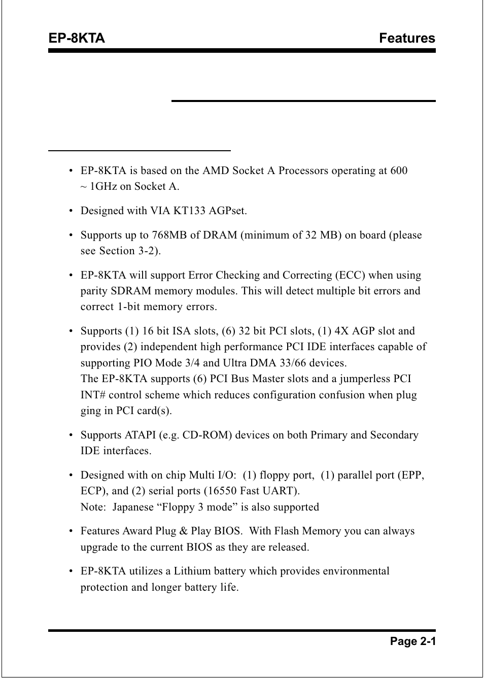 Features ep-8kta, Ep-8kta features | IBM EP-8KTA User Manual | Page 11 / 73