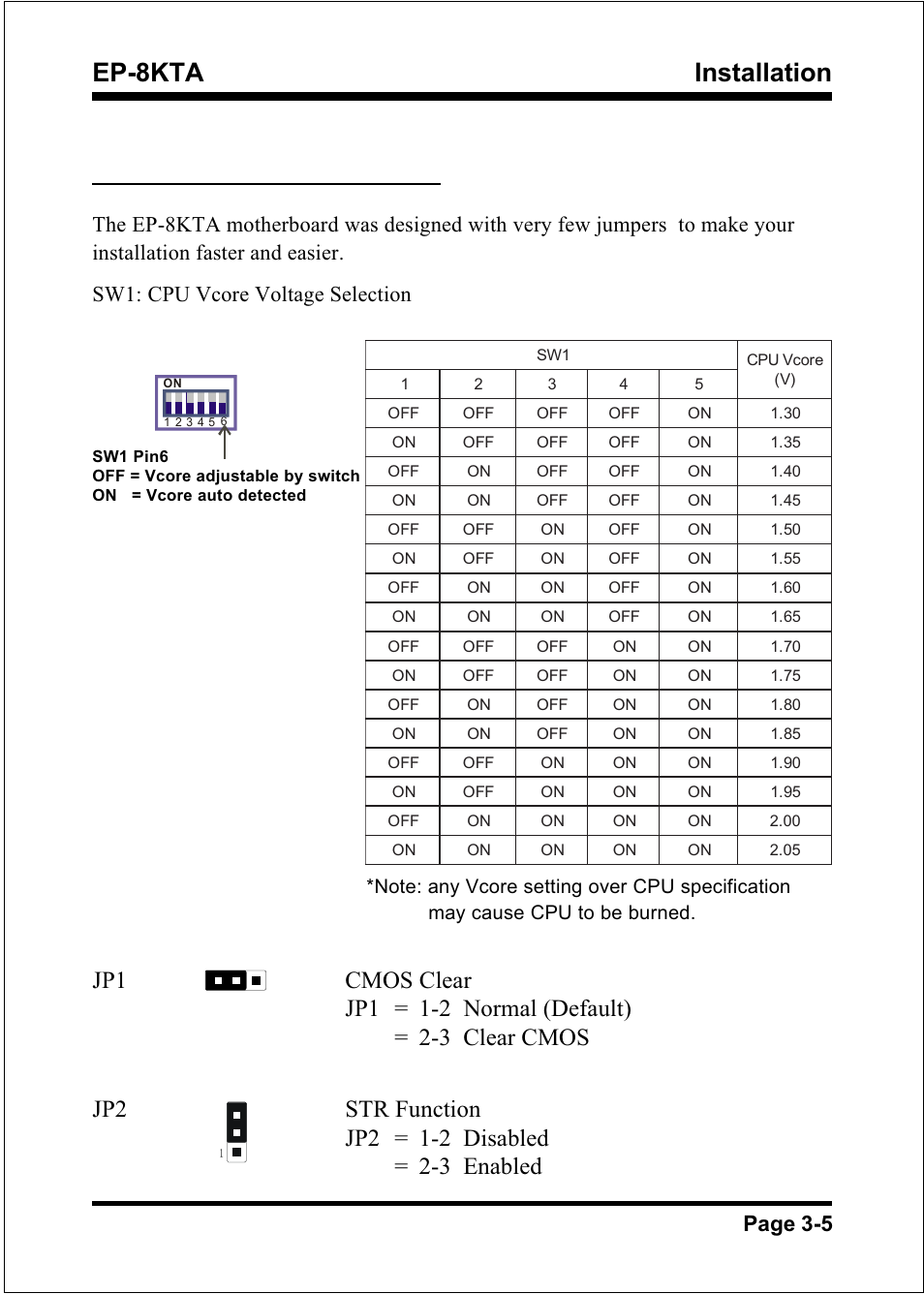 Installation ep-8kta, Page 3-5, Sw1: cpu vcore voltage selection | IBM EP-8KTA User Manual | Page 17 / 73