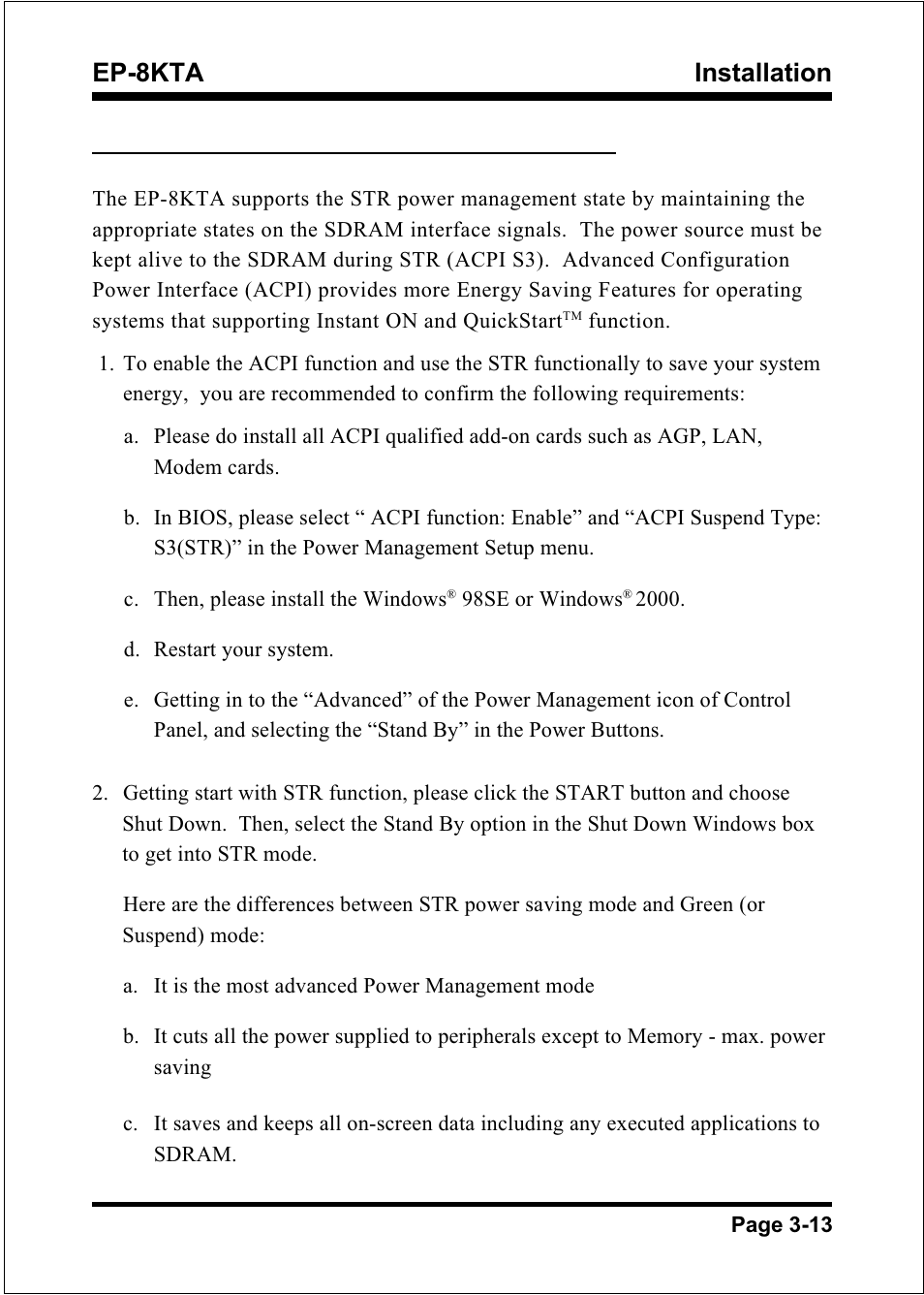 Installation ep-8kta, 6 str (suspend to ram) function | IBM EP-8KTA User Manual | Page 25 / 73