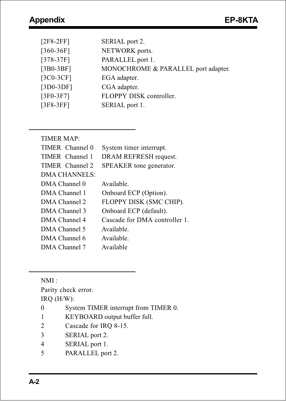 Appendix ep-8kta, A-3 timer & dma channels map, A-4 interrupt map | IBM EP-8KTA User Manual | Page 52 / 73