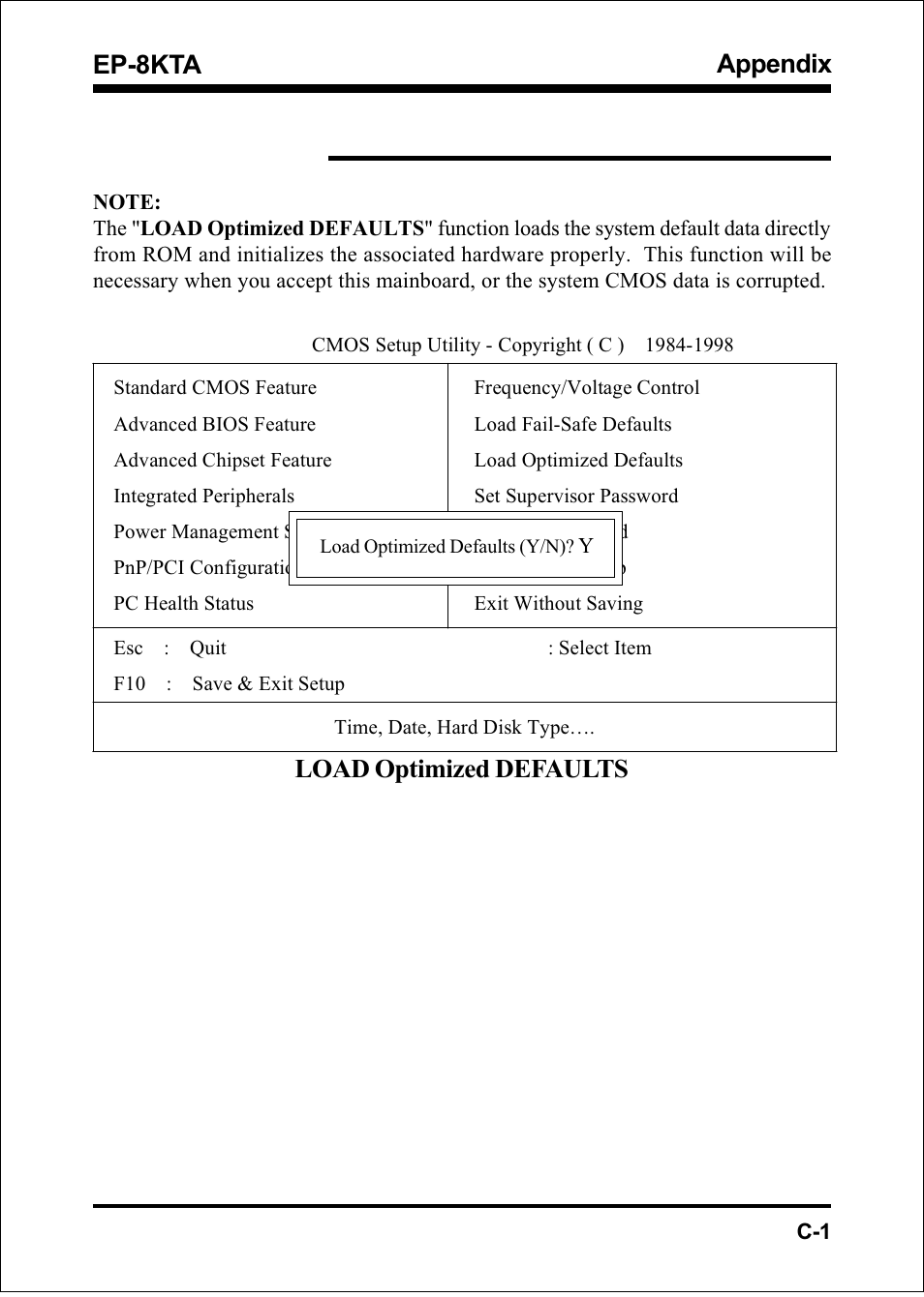 Appendix c, Appendix, Ep-8kta | Load optimized defaults | IBM EP-8KTA User Manual | Page 63 / 73