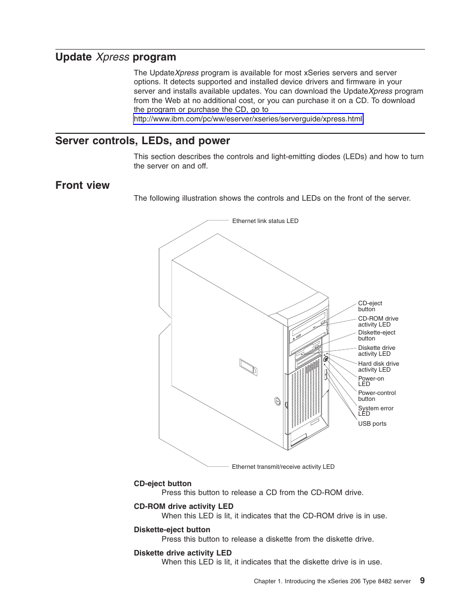 Update xpress program, Server controls, leds, and power, Front view | Update, Xpress, Program, Server, Controls, Leds, Power | IBM 206 User Manual | Page 21 / 58