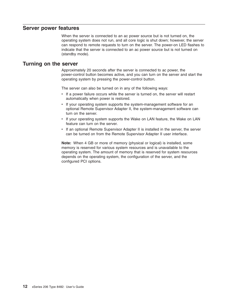 Server power features, Turning on the server, Server | Power, Features, Turning | IBM 206 User Manual | Page 24 / 58