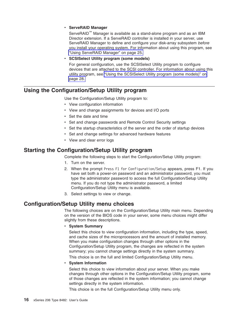 Using the configuration/setup utility program, Starting the configuration/setup utility program, Configuration/setup utility menu choices | Using, Configuration/setup, Utility, Program, Starting, Menu, Choices | IBM 206 User Manual | Page 28 / 58