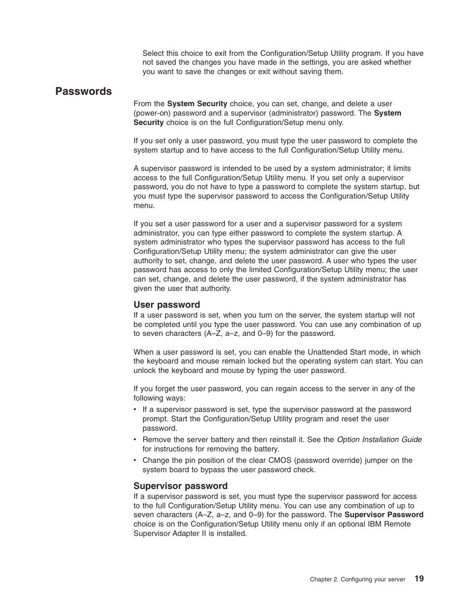 Passwords, User password, Supervisor password | User, Password, Supervisor | IBM 206 User Manual | Page 31 / 58