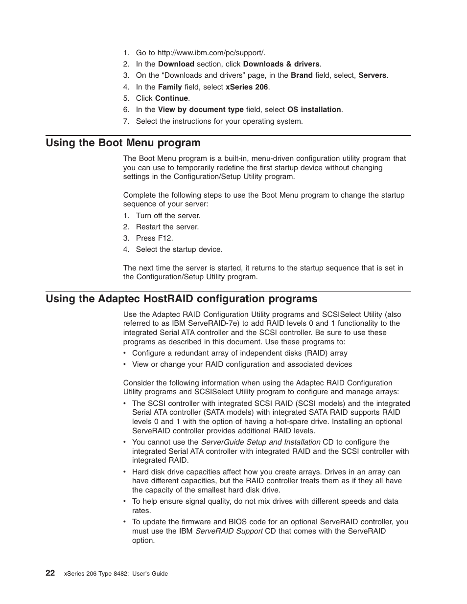 Using the boot menu program, Using the adaptec hostraid configuration programs, Using | Boot, Menu, Program, Adaptec, Hostraid, Configuration, Programs | IBM 206 User Manual | Page 34 / 58