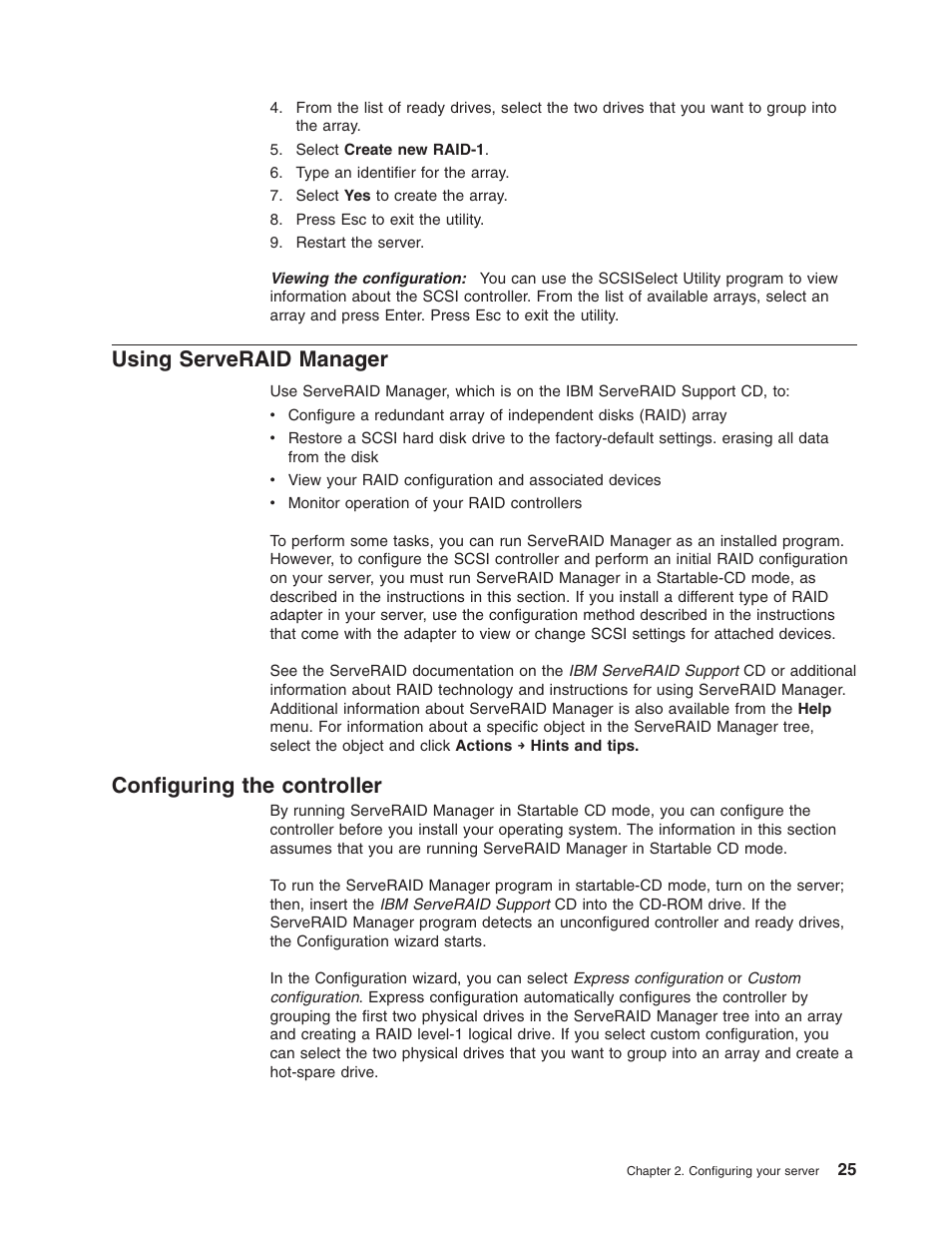 Using serveraid manager, Configuring the controller, Using | Serveraid, Manager, Configuring, Controller | IBM 206 User Manual | Page 37 / 58