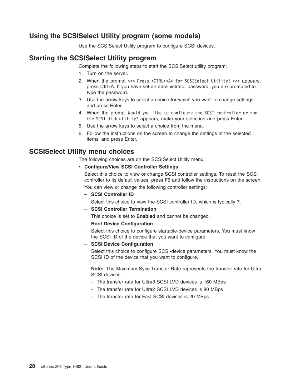 Using the scsiselect utility program (some models), Starting the scsiselect utility program, Scsiselect utility menu choices | Using, Scsiselect, Utility, Program, Some, Models), Starting | IBM 206 User Manual | Page 40 / 58