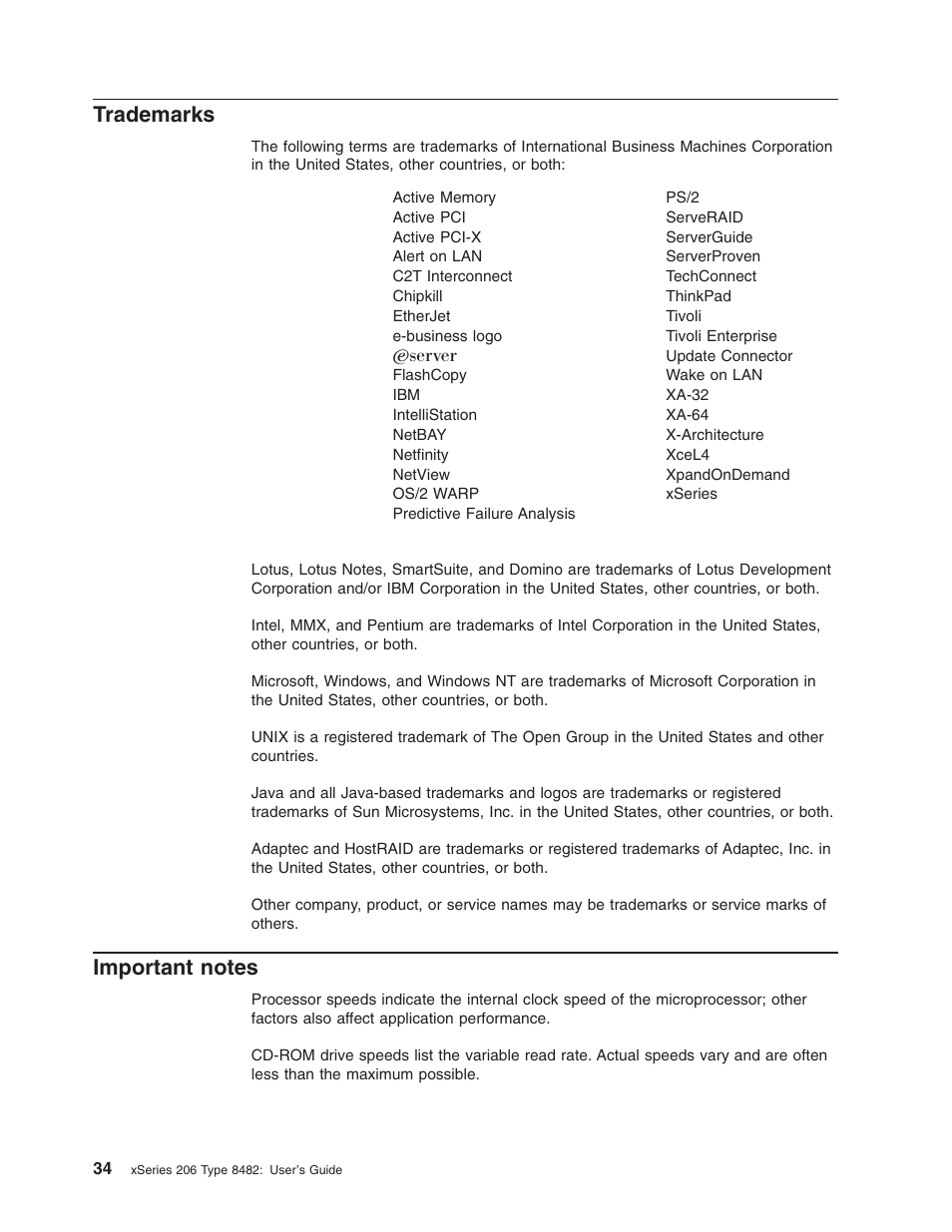 Trademarks, Important notes, Important | Notes | IBM 206 User Manual | Page 46 / 58