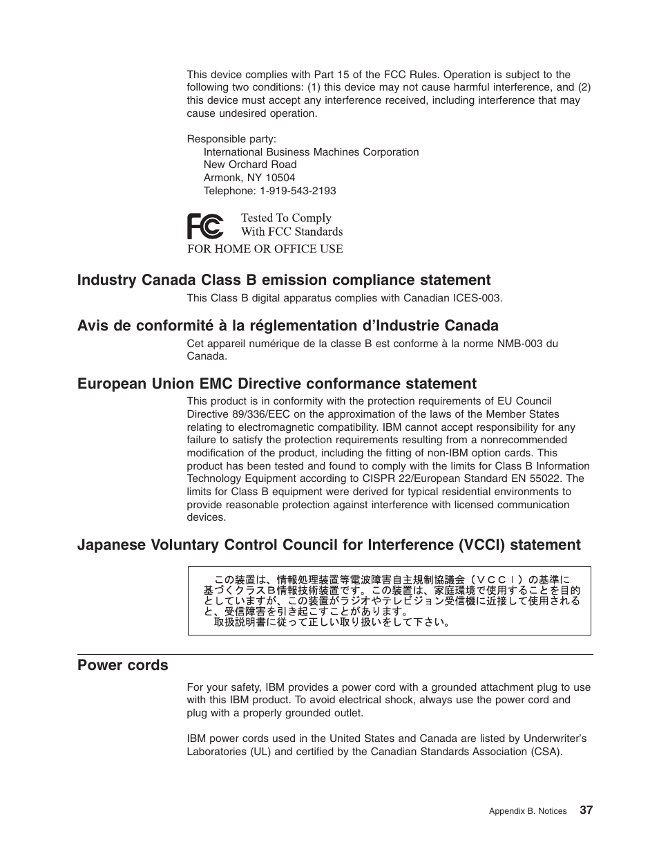 European union emc directive conformance statement, Power cords, Industry | Canada, Class, Emission, Compliance, Statement, Avis, Conformité | IBM 206 User Manual | Page 49 / 58